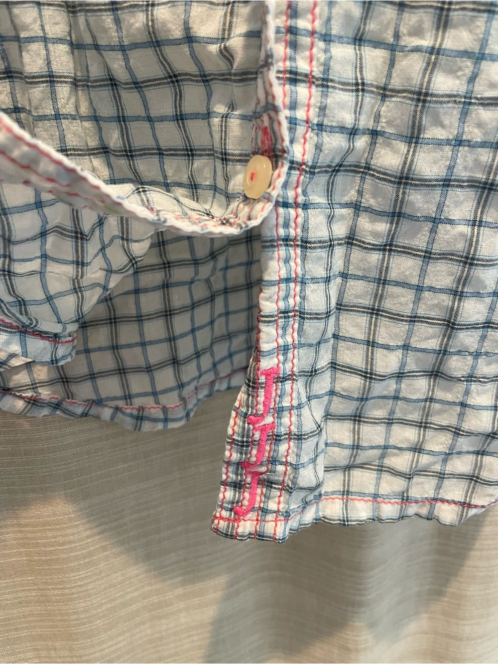 3 J Workshop Johnny Was Light Blue Plaid Eyelet-Accent Button Down Shirt - Picture 3 of 10